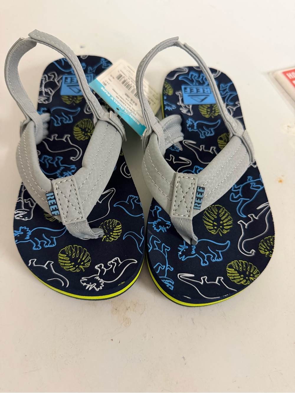 Reef Kids Gray Strappy Sandals with Navy Dino Print and Lime Accents